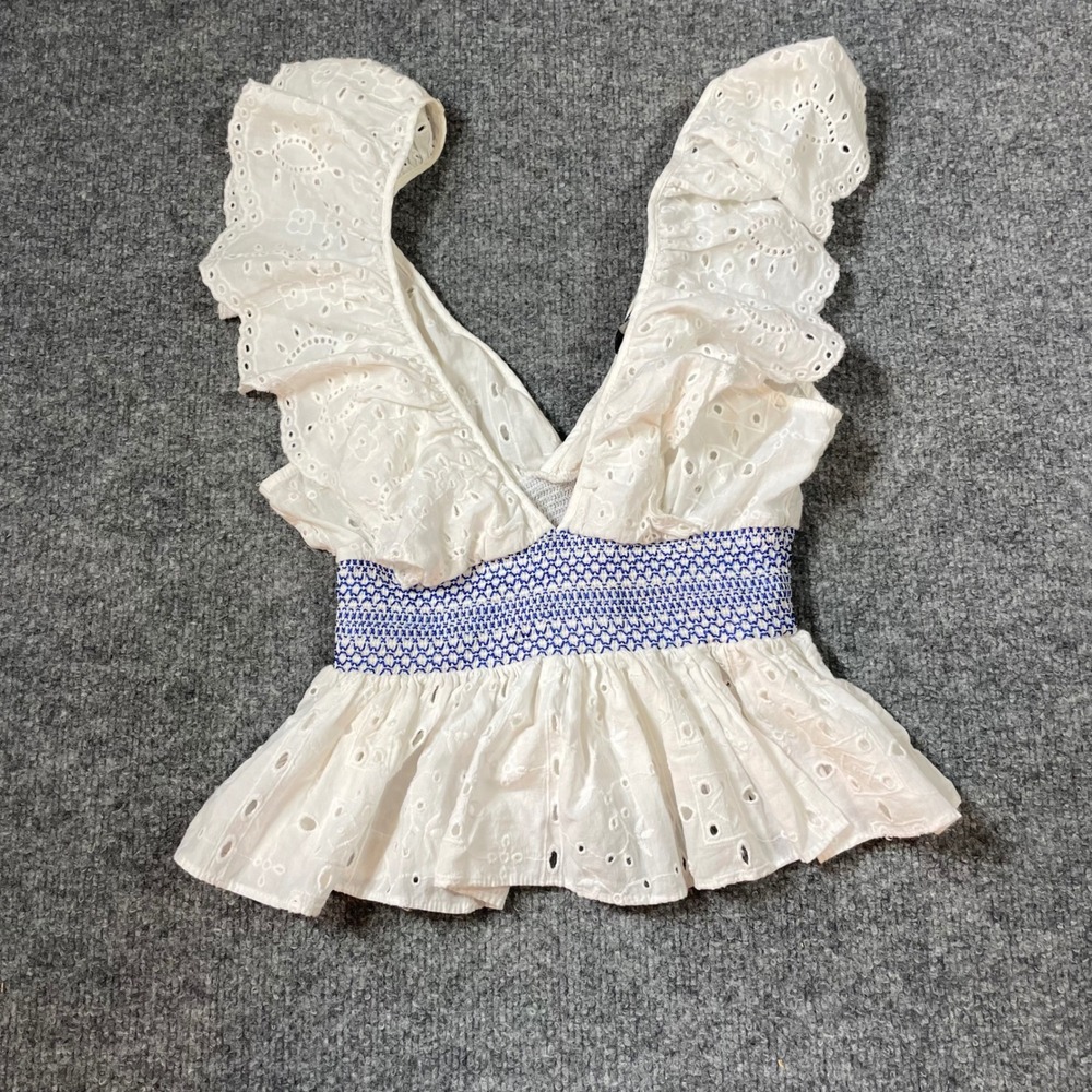 Zara Ruffle Sleeve Top Womens XS White Blue Smocked Eyelet V-Neck Peplum Blouse